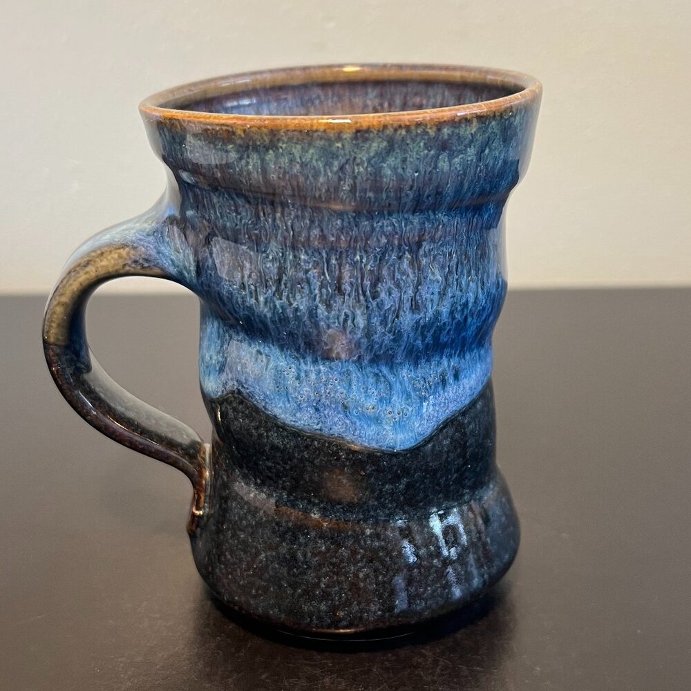 Handcrafted Hand-Thrown Studio Art Ridged Pottery Mug w/ Brown & Blue Drip Glaze